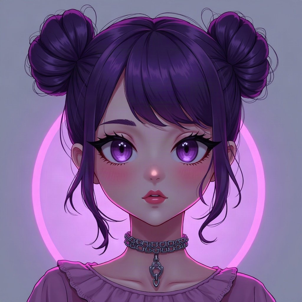 egirl pfp — purple twin buns, chain choker necklace, purple led glow