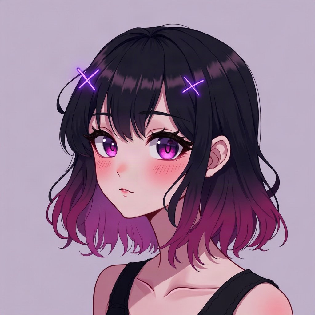 egirl pfp — half black half pink split-dye hair, tiny cross hair clips, purple led glow