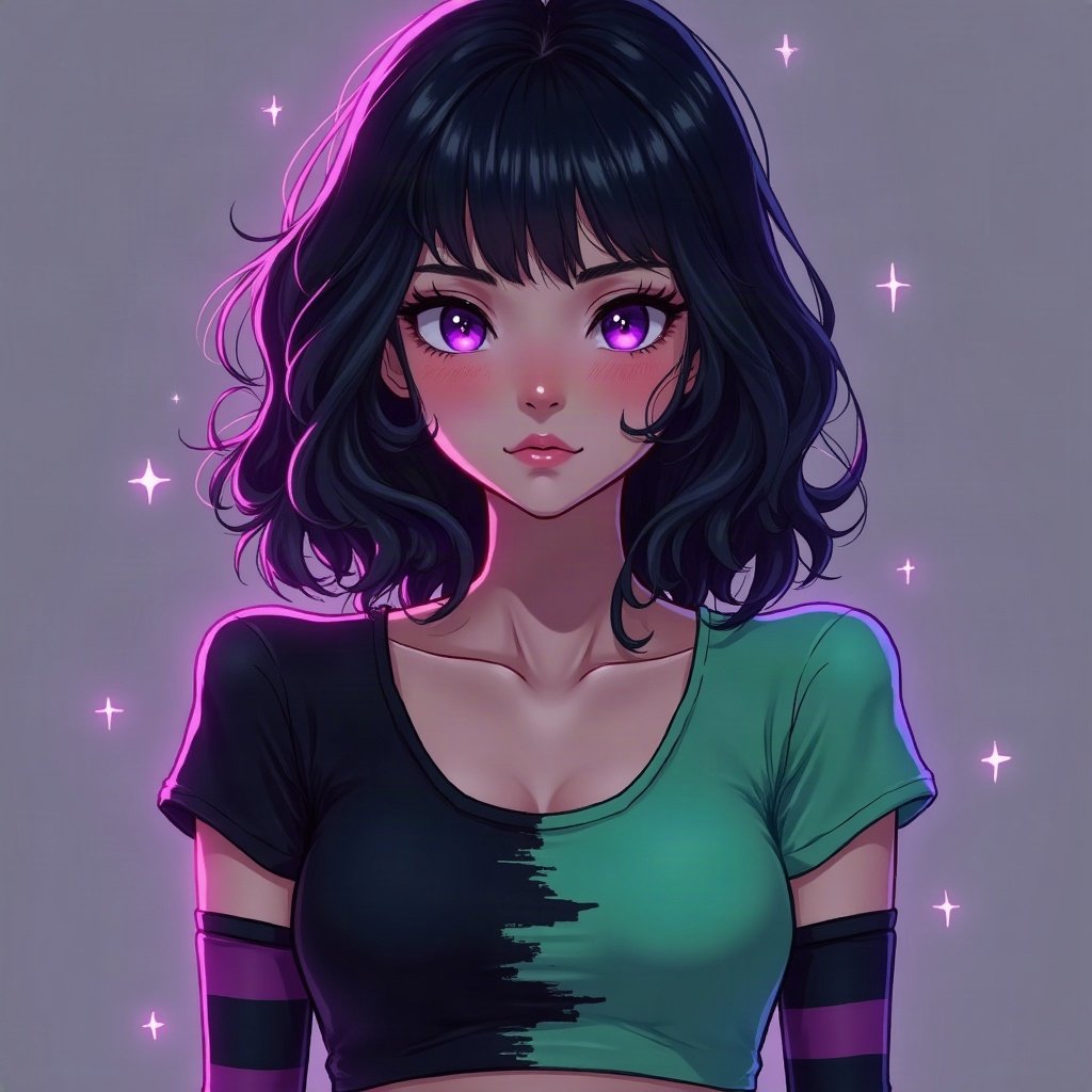 egirl pfp — green and black split-dye, striped arm warmers visible, purple led glow