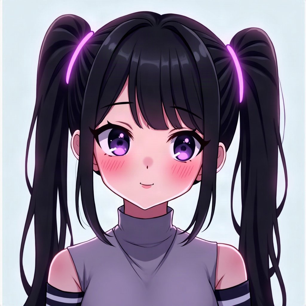 egirl pfp — black pigtails with white streaks, striped arm warmers visible, purple led glow
