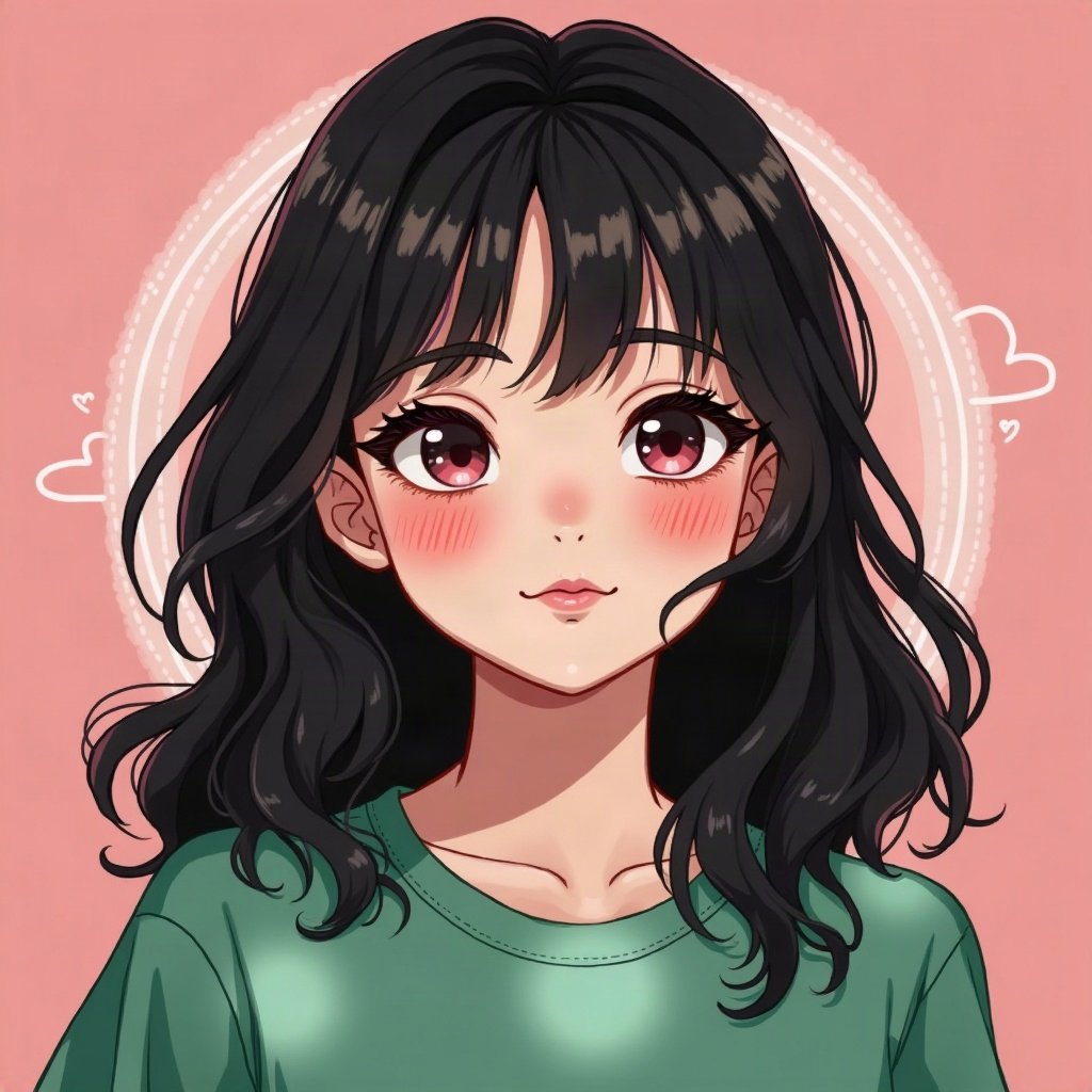 egirl pfp — green and black split-dye, small heart stamps under eyes, soft pink glow background