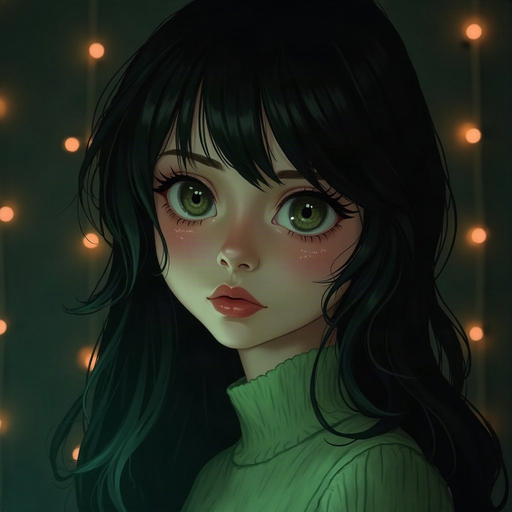 egirl pfp — green and black split-dye, small heart stamps under eyes, dark room with fairy lights bokeh