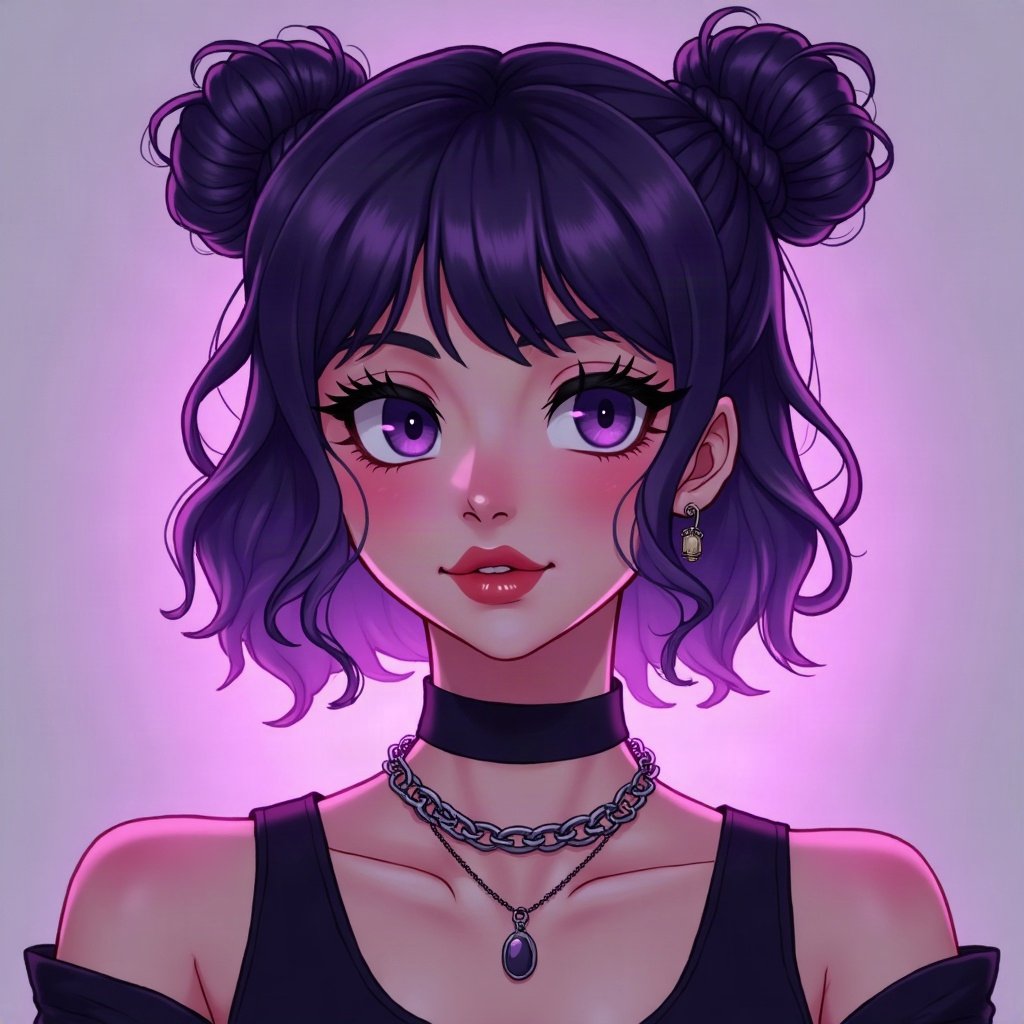 egirl pfp — purple twin buns, chain choker necklace, purple led glow