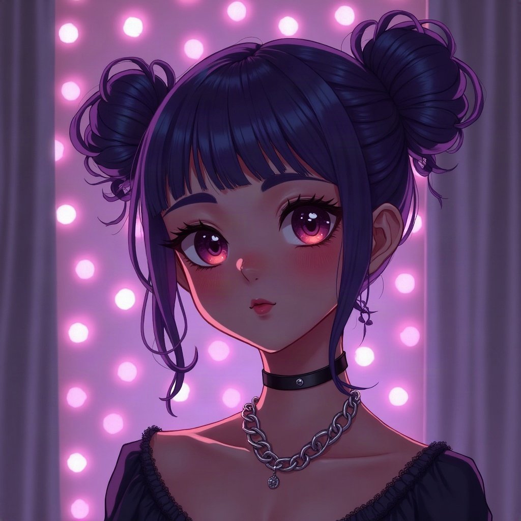 egirl pfp — purple twin buns, chain choker necklace, dark room with fairy lights bokeh