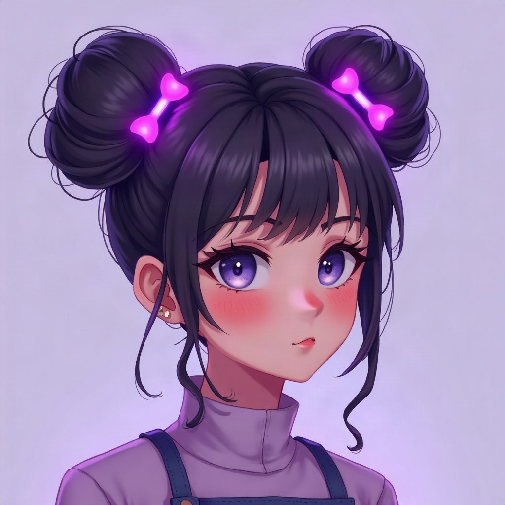 egirl pfp — purple twin buns, tiny cross hair clips, purple led glow