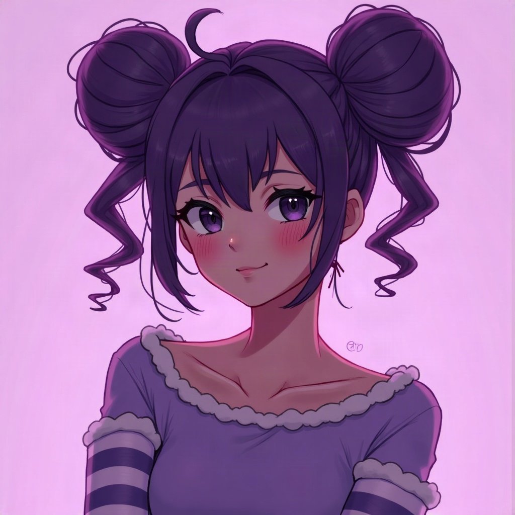 egirl pfp — purple twin buns, striped arm warmers visible, purple led glow