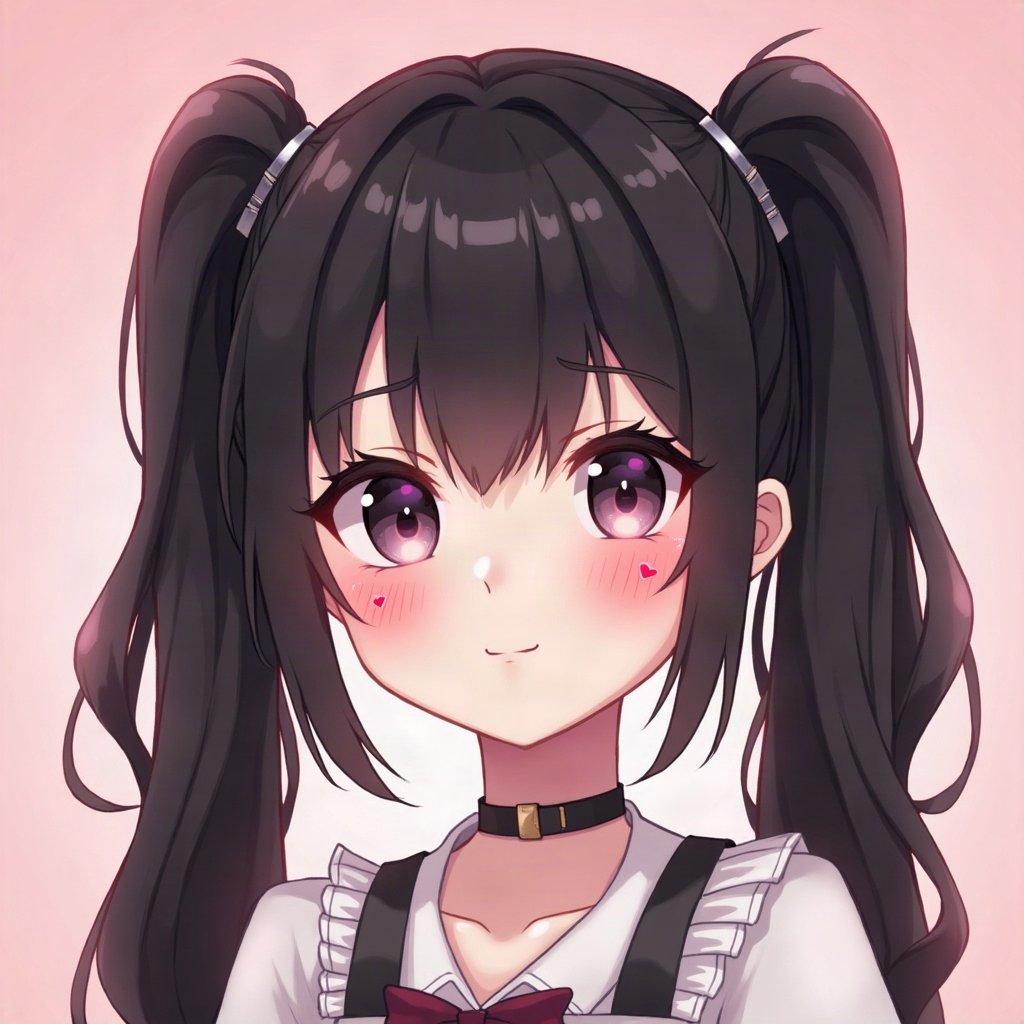 egirl pfp — black pigtails with white streaks, small heart stamps under eyes, soft pink glow background
