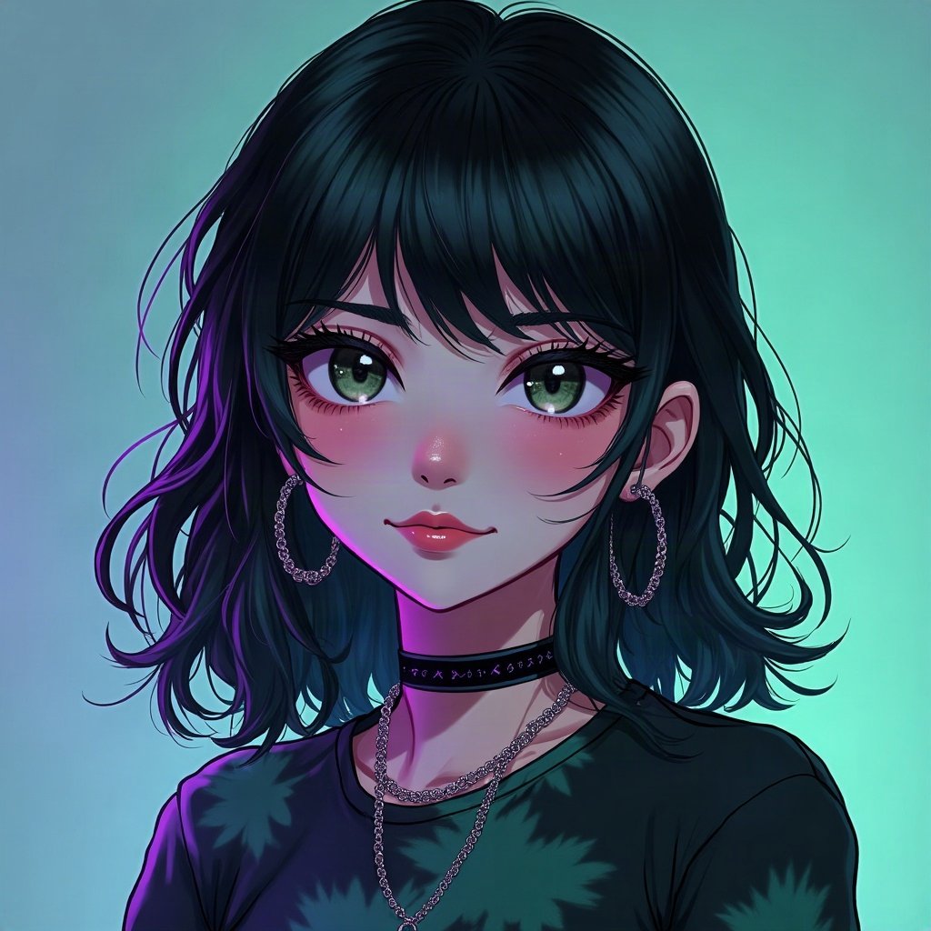 egirl pfp — green and black split-dye, chain choker necklace, purple led glow