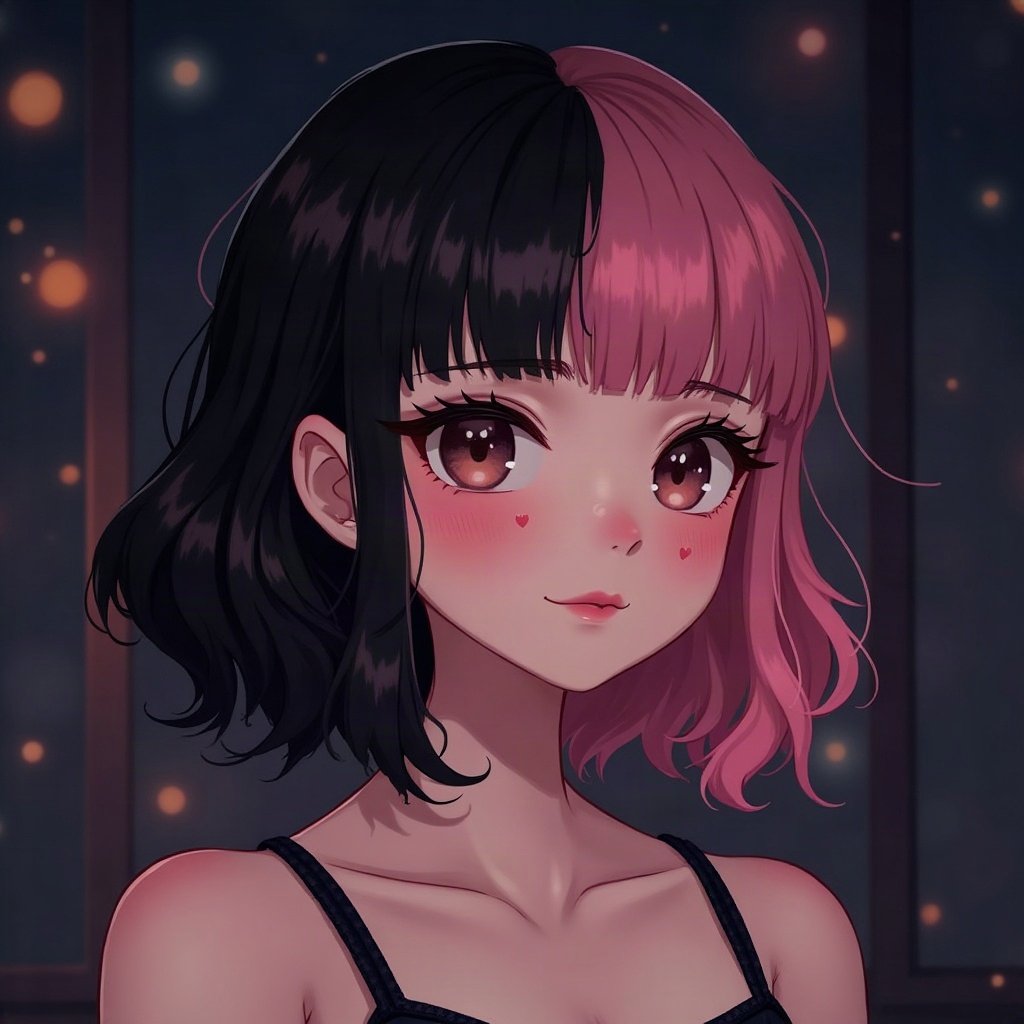 egirl pfp — half black half pink split-dye hair, small heart stamps under eyes, dark room with fairy lights bokeh
