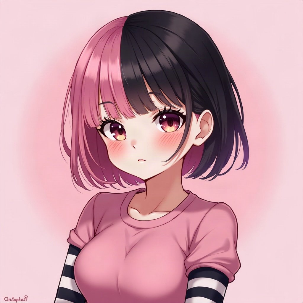 egirl pfp — half black half pink split-dye hair, striped arm warmers visible, soft pink glow background