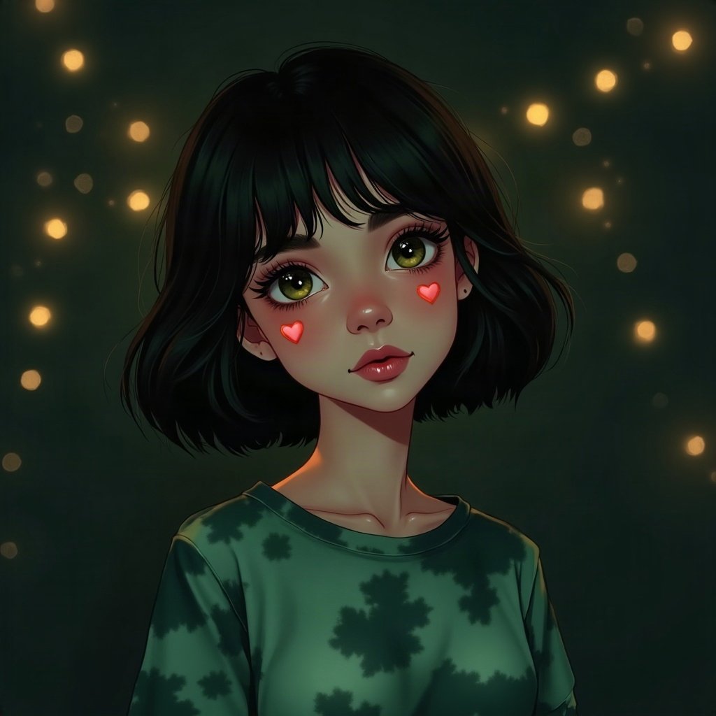 egirl pfp — green and black split-dye, small heart stamps under eyes, dark room with fairy lights bokeh