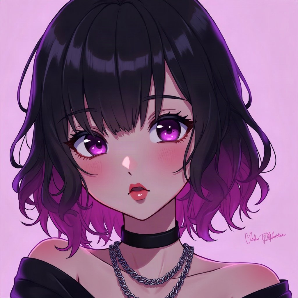 egirl pfp — half black half pink split-dye hair, chain choker necklace, purple led glow