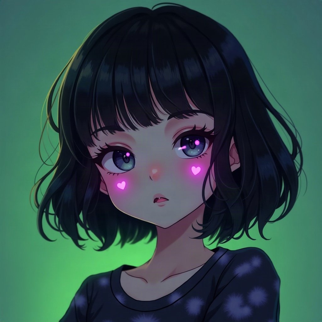 egirl pfp — green and black split-dye, small heart stamps under eyes, purple led glow