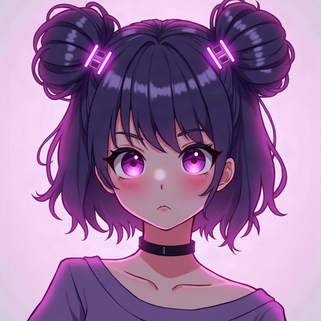 egirl pfp — purple twin buns, tiny cross hair clips, purple led glow
