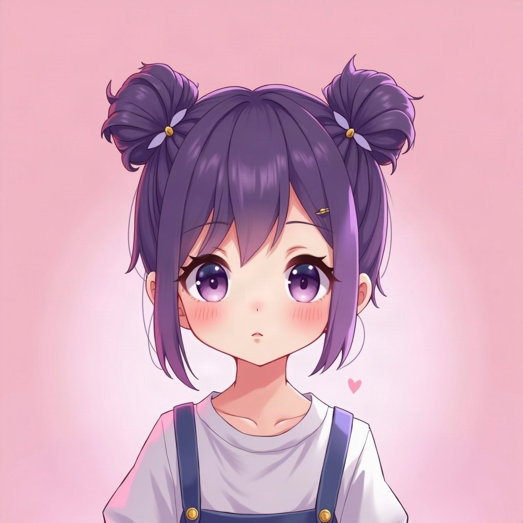 egirl pfp — purple twin buns, tiny cross hair clips, soft pink glow background