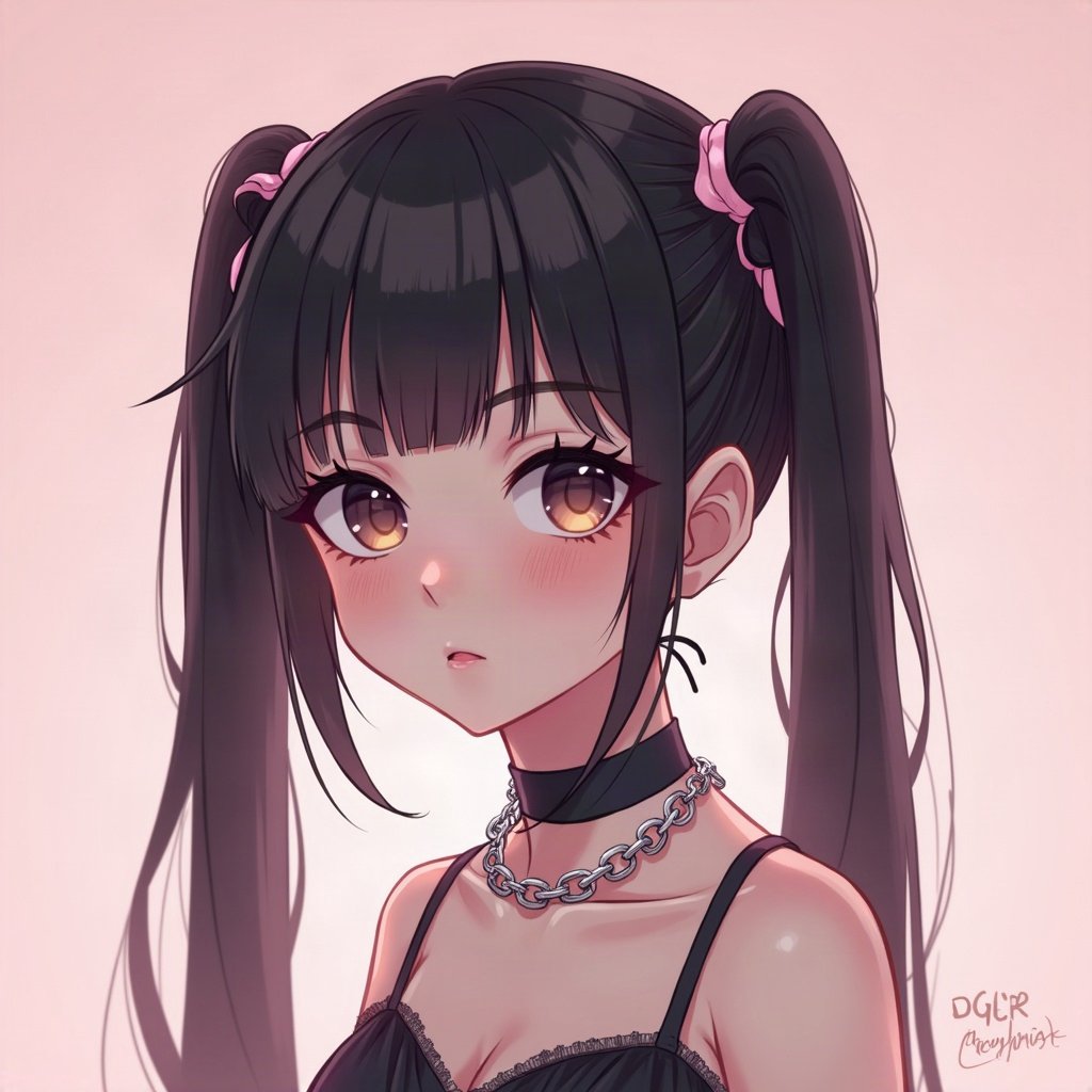 egirl pfp — black pigtails with white streaks, chain choker necklace, soft pink glow background