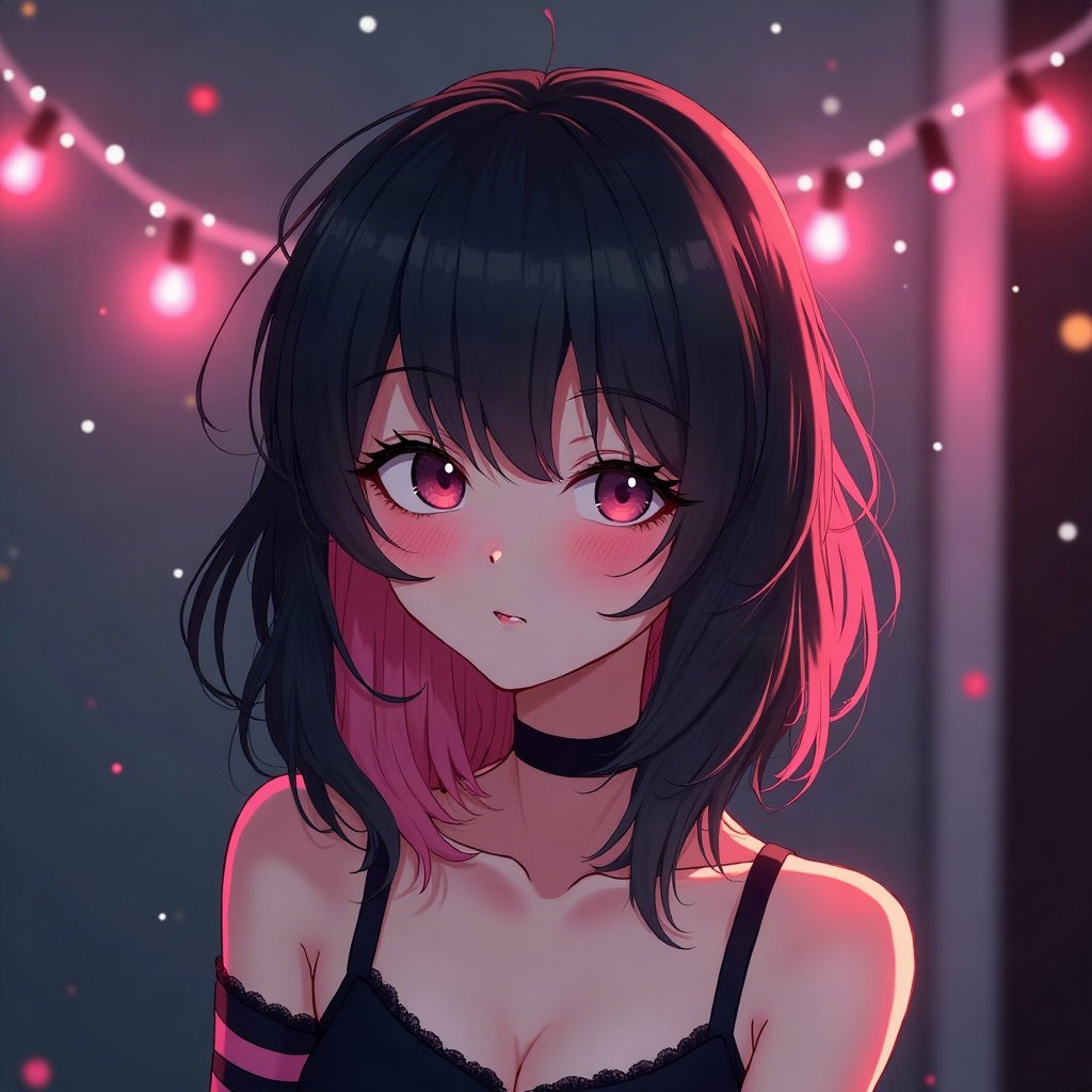 egirl pfp — half black half pink split-dye hair, striped arm warmers visible, dark room with fairy lights bokeh