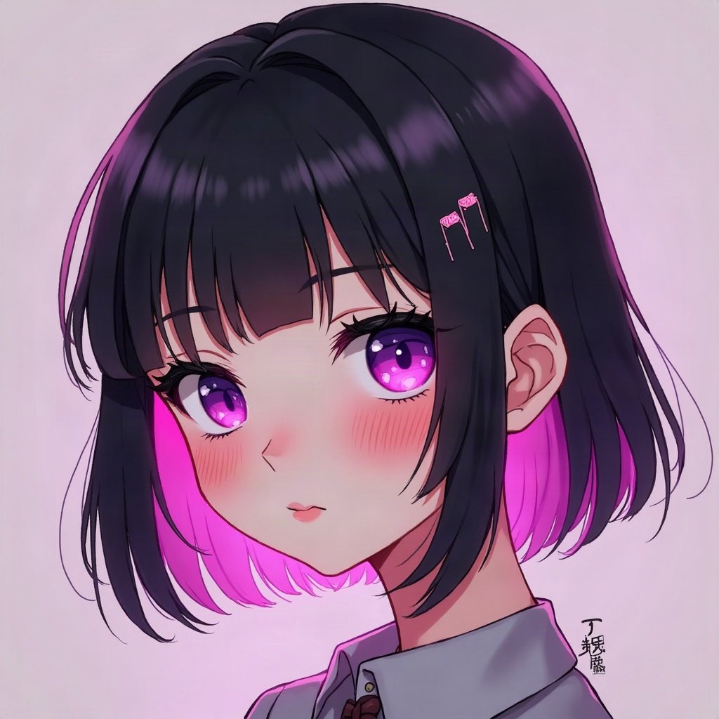 egirl pfp — half black half pink split-dye hair, tiny cross hair clips, purple led glow
