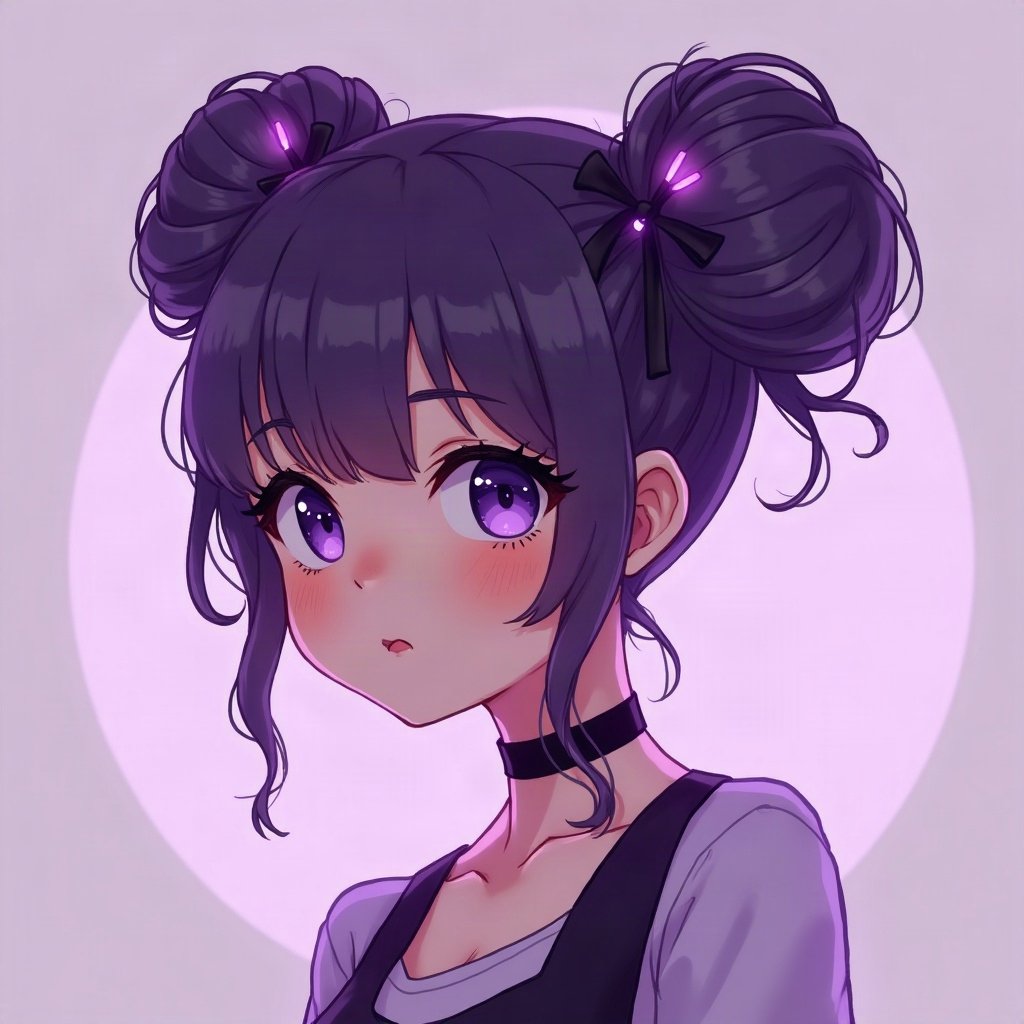 egirl pfp — purple twin buns, tiny cross hair clips, purple led glow