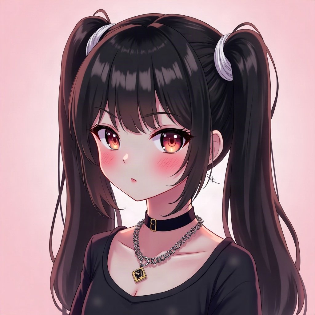 egirl pfp — black pigtails with white streaks, chain choker necklace, soft pink glow background