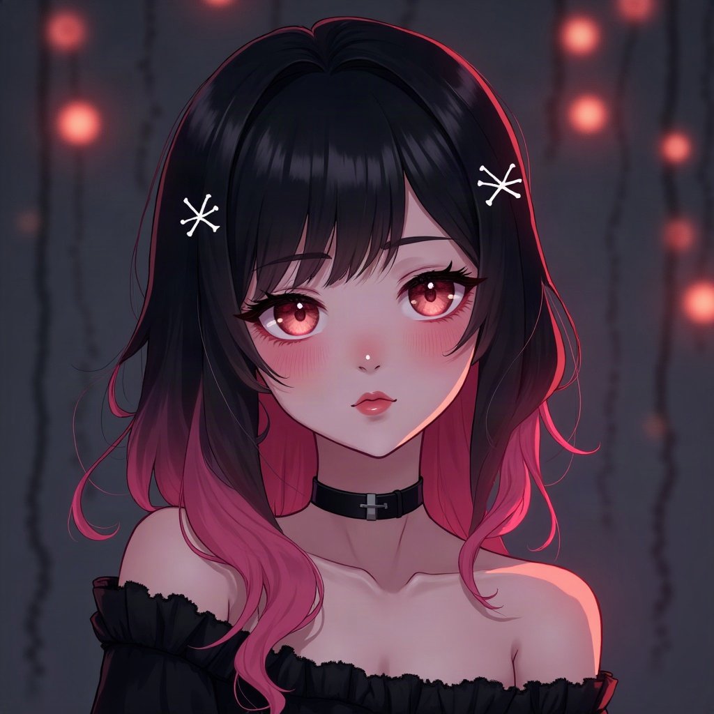 egirl pfp — half black half pink split-dye hair, tiny cross hair clips, dark room with fairy lights bokeh