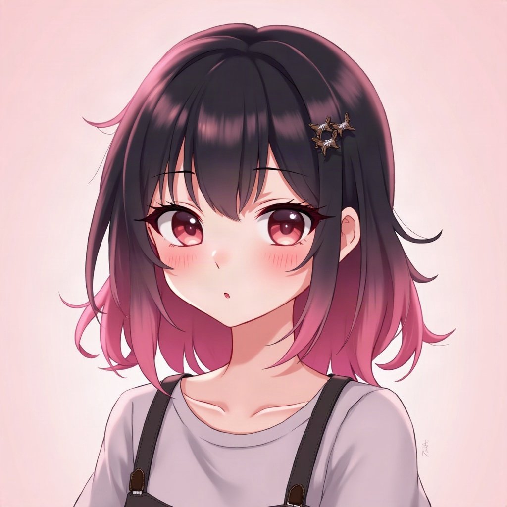 egirl pfp — half black half pink split-dye hair, tiny cross hair clips, soft pink glow background