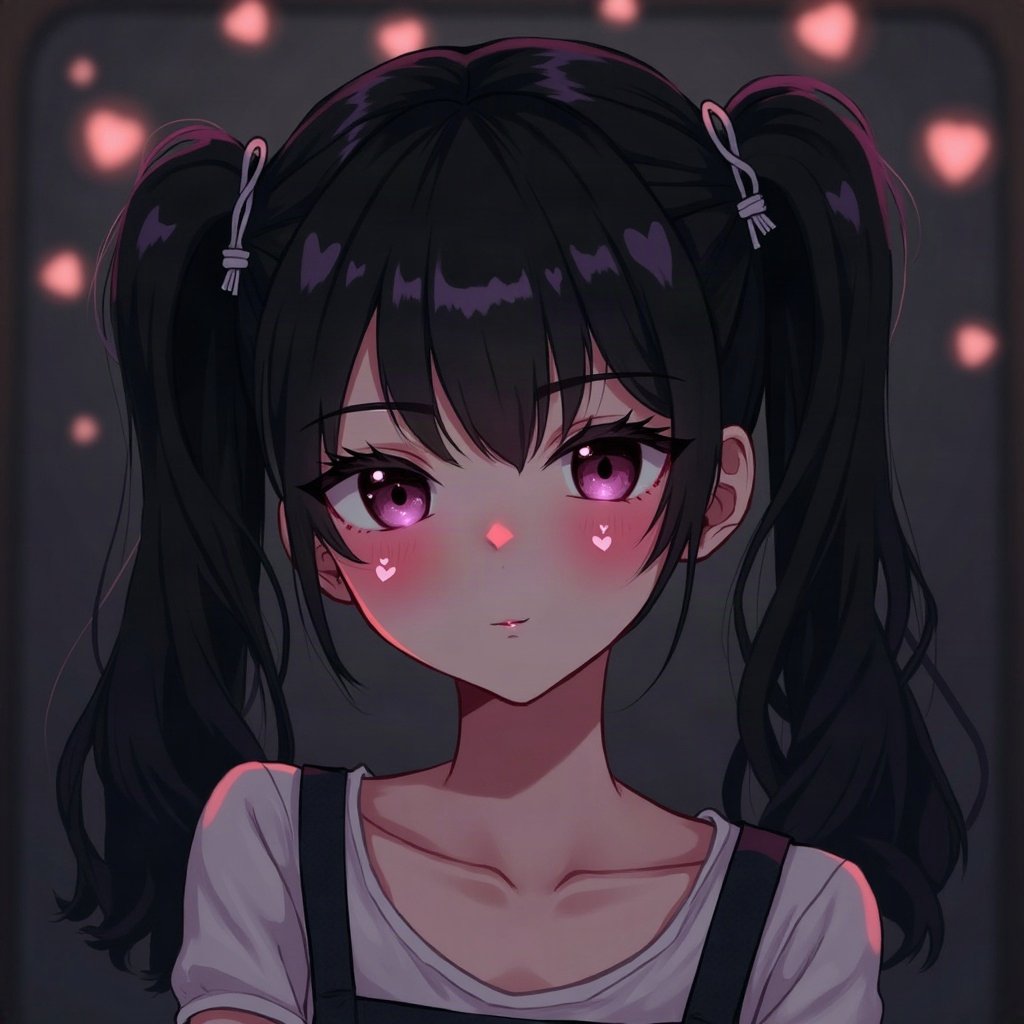 egirl pfp — black pigtails with white streaks, small heart stamps under eyes, dark room with fairy lights bokeh