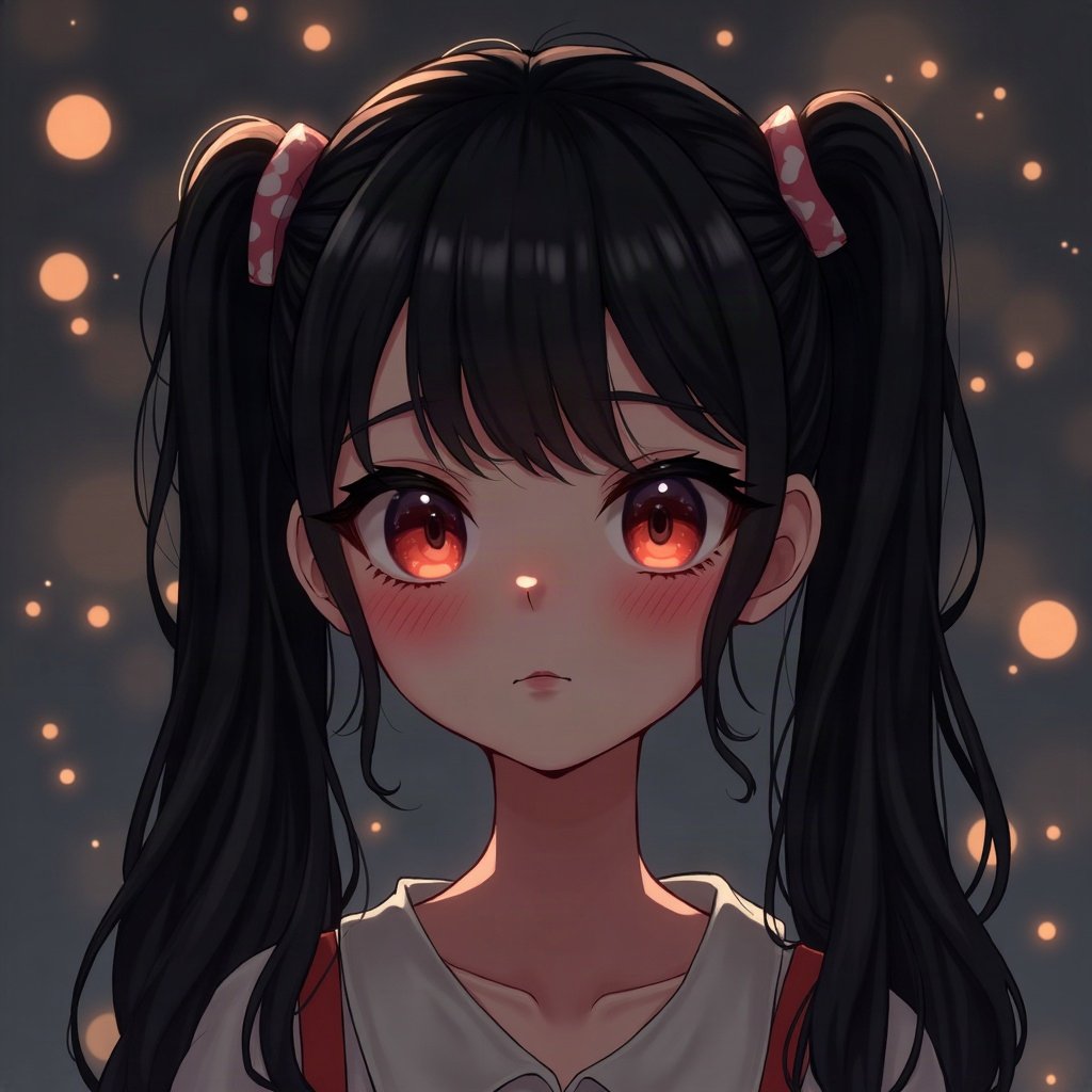 egirl pfp — black pigtails with white streaks, small heart stamps under eyes, dark room with fairy lights bokeh