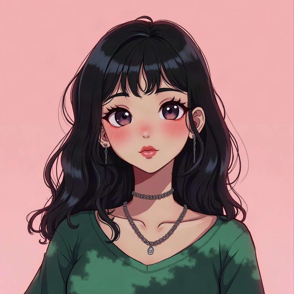 egirl pfp — green and black split-dye, chain choker necklace, soft pink glow background