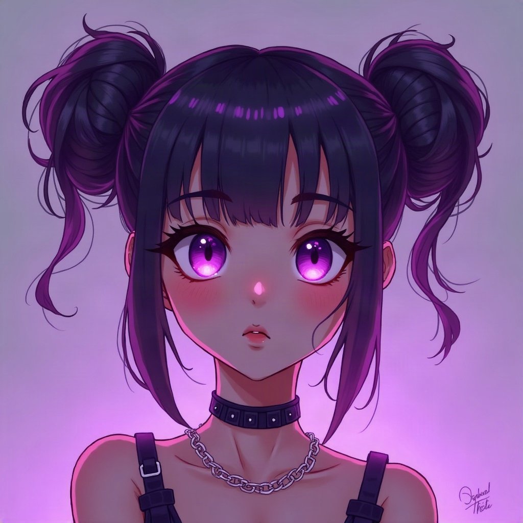 egirl pfp — purple twin buns, chain choker necklace, purple led glow