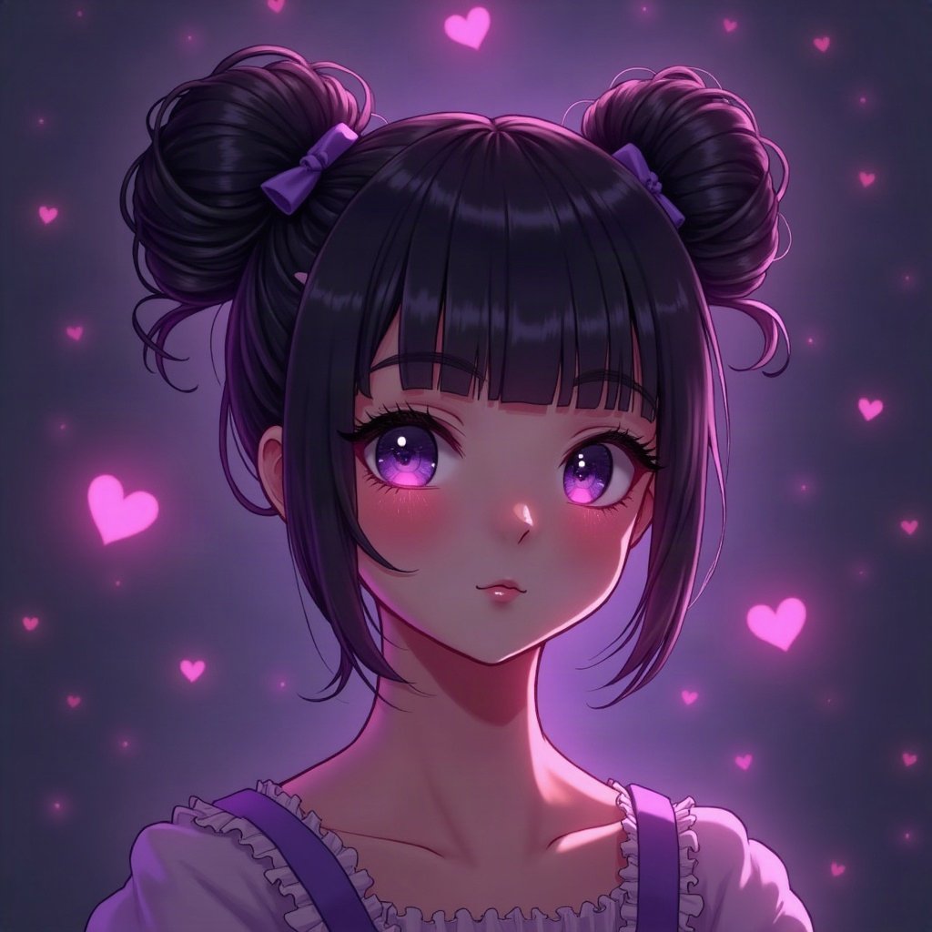 egirl pfp — purple twin buns, small heart stamps under eyes, dark room with fairy lights bokeh
