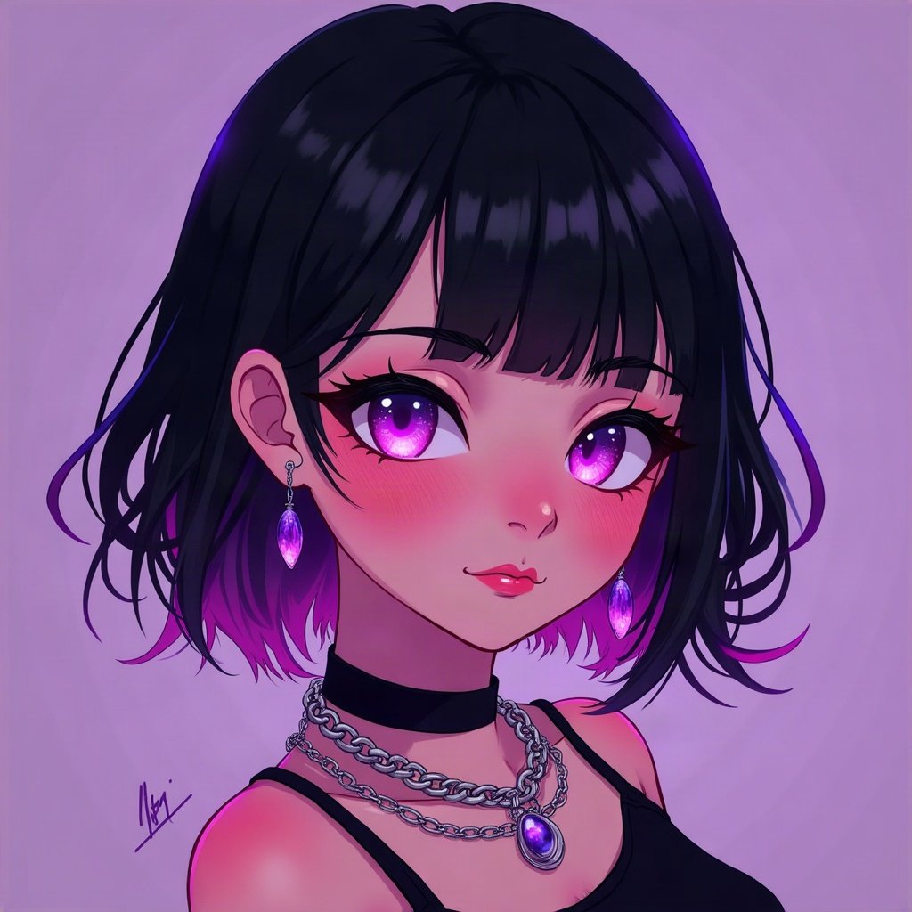 egirl pfp — half black half pink split-dye hair, chain choker necklace, purple led glow