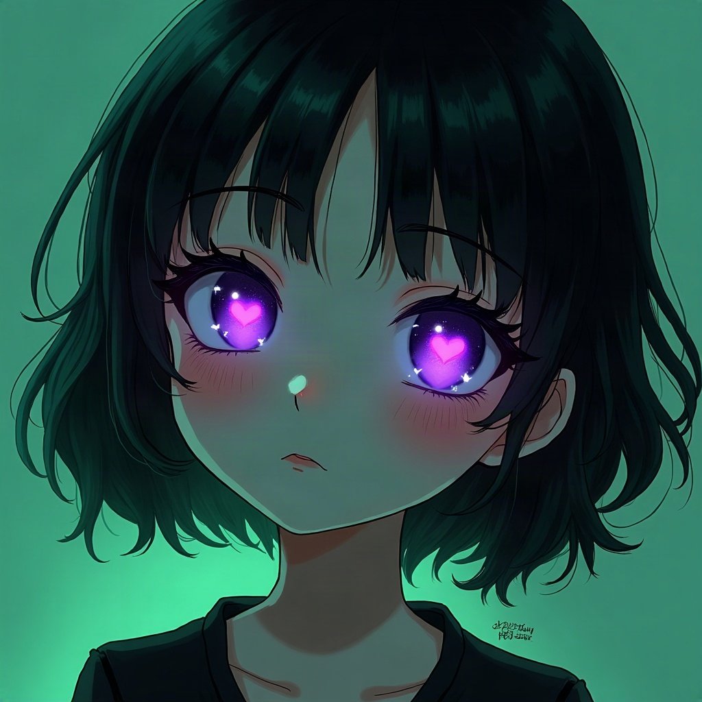 egirl pfp — green and black split-dye, small heart stamps under eyes, purple led glow