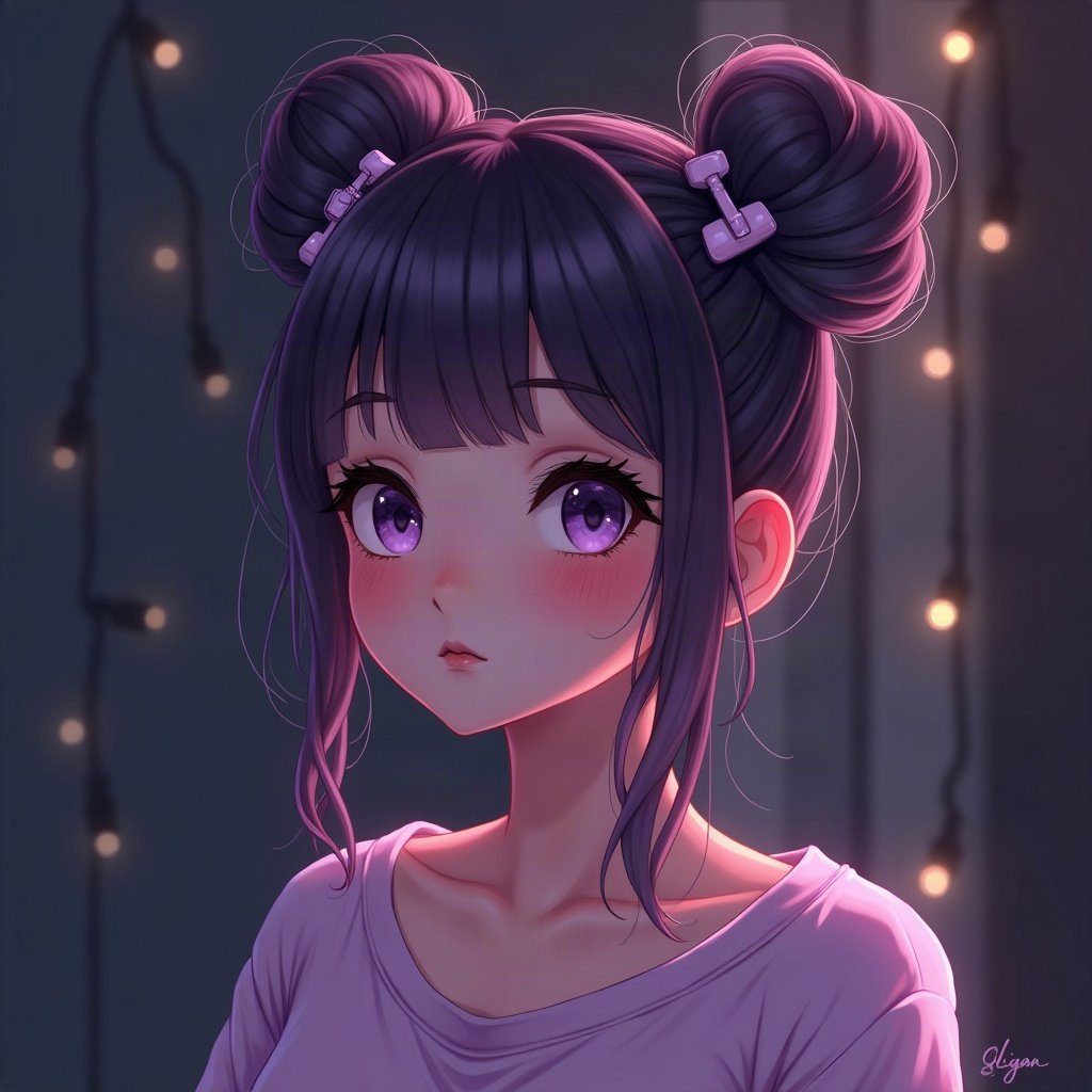 egirl pfp — purple twin buns, tiny cross hair clips, dark room with fairy lights bokeh