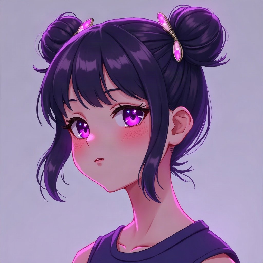 egirl pfp — purple twin buns, tiny cross hair clips, purple led glow