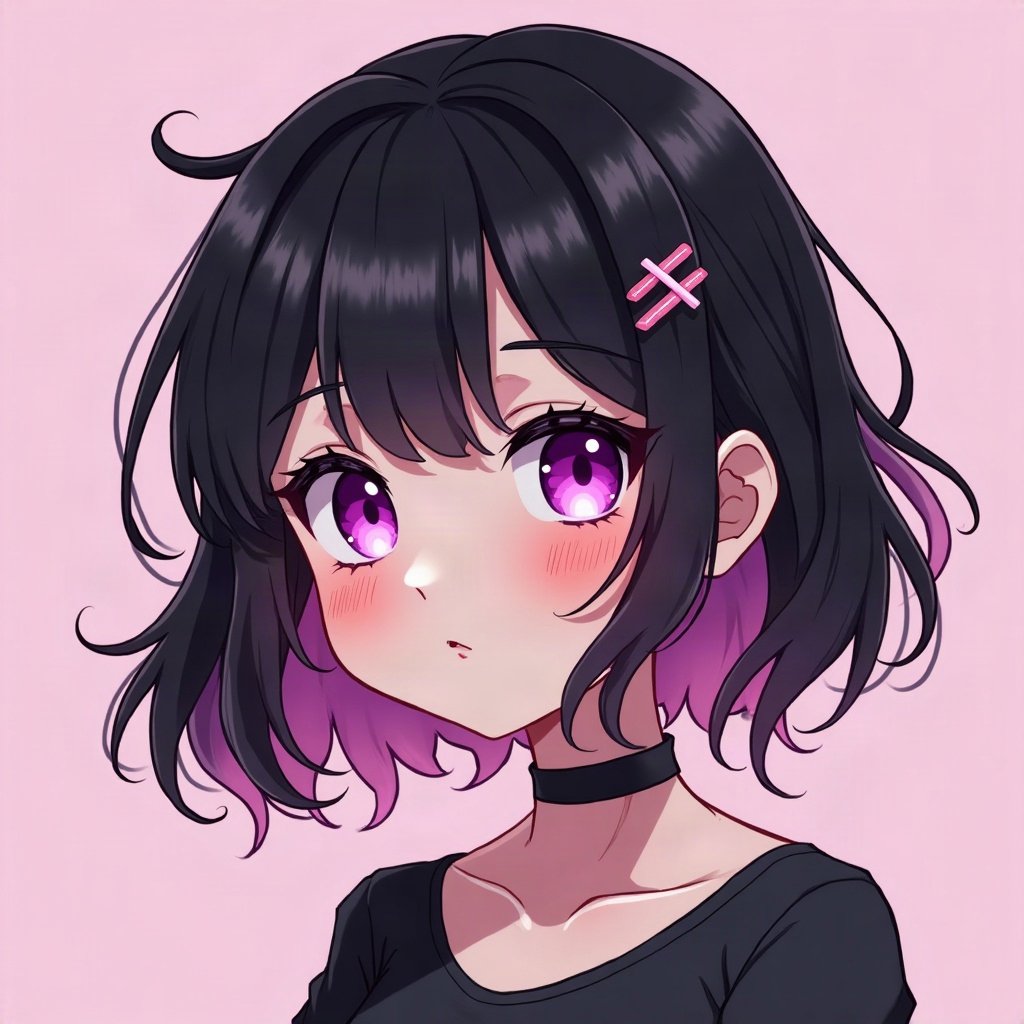 egirl pfp — half black half pink split-dye hair, tiny cross hair clips, purple led glow