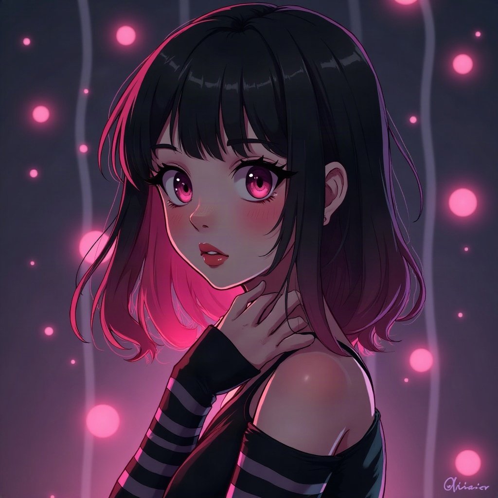 egirl pfp — half black half pink split-dye hair, striped arm warmers visible, dark room with fairy lights bokeh