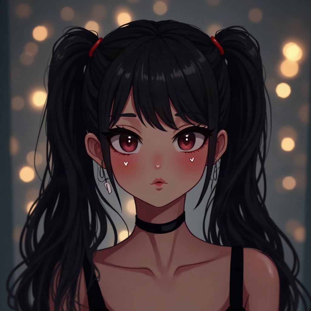egirl pfp — black pigtails with white streaks, small heart stamps under eyes, dark room with fairy lights bokeh