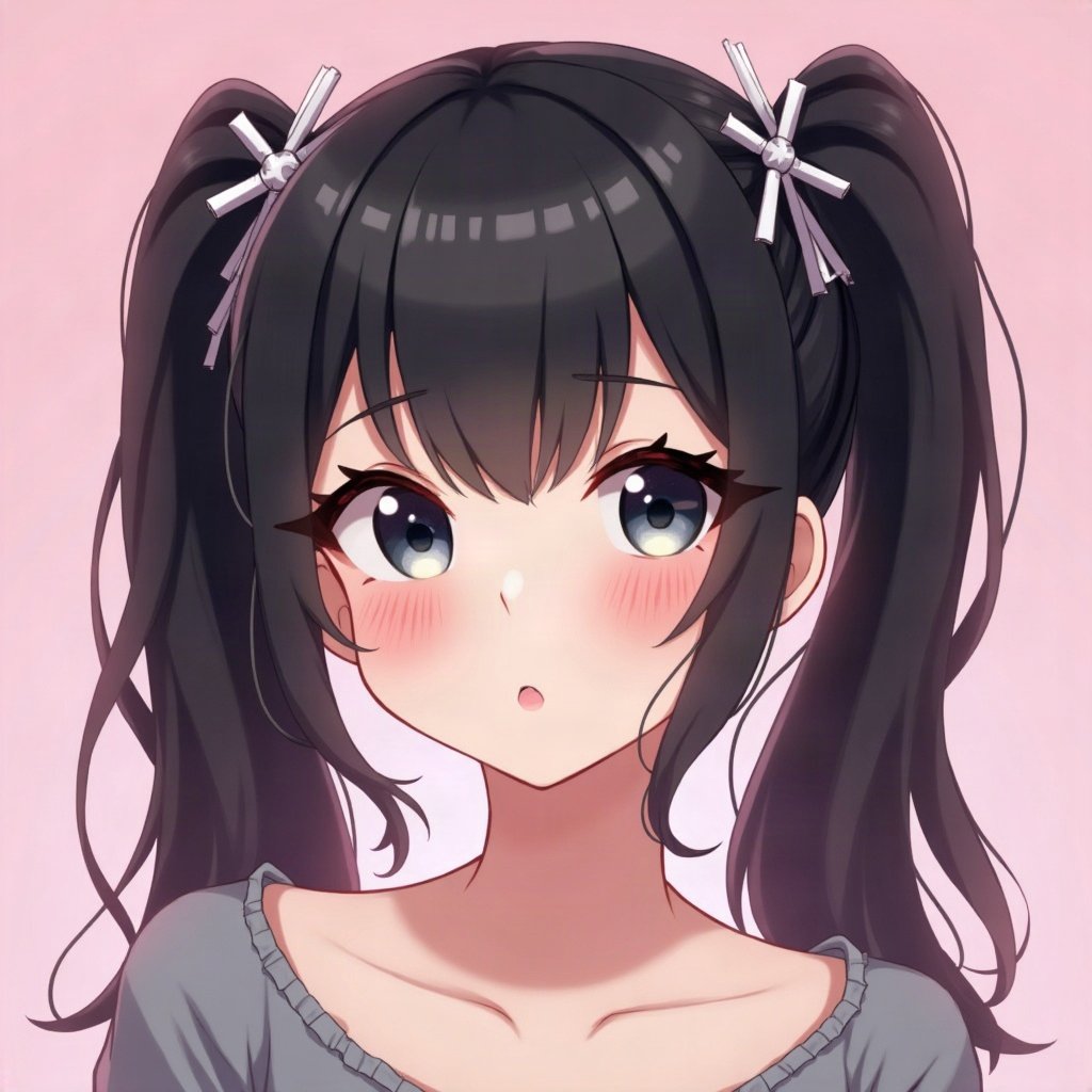egirl pfp — black pigtails with white streaks, tiny cross hair clips, soft pink glow background