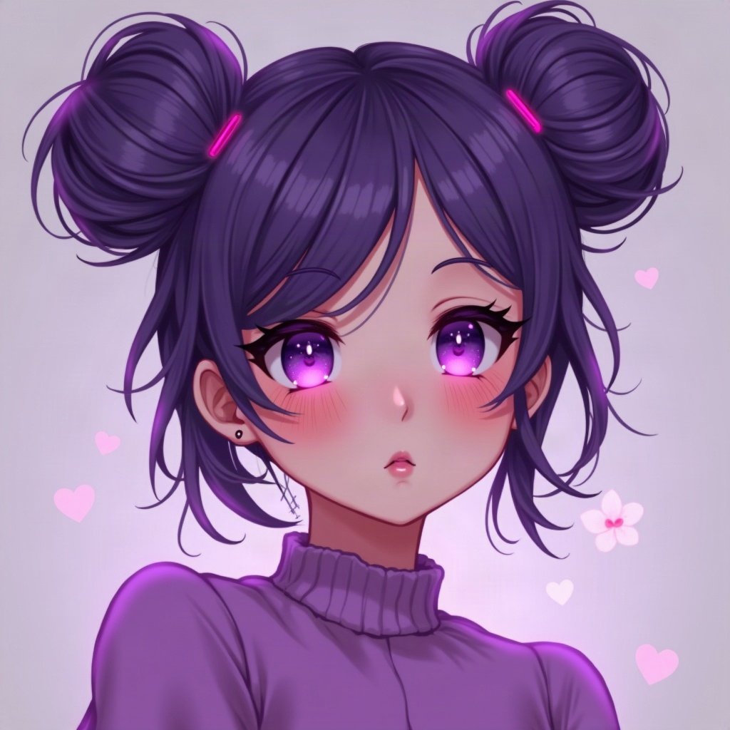 egirl pfp — purple twin buns, small heart stamps under eyes, purple led glow