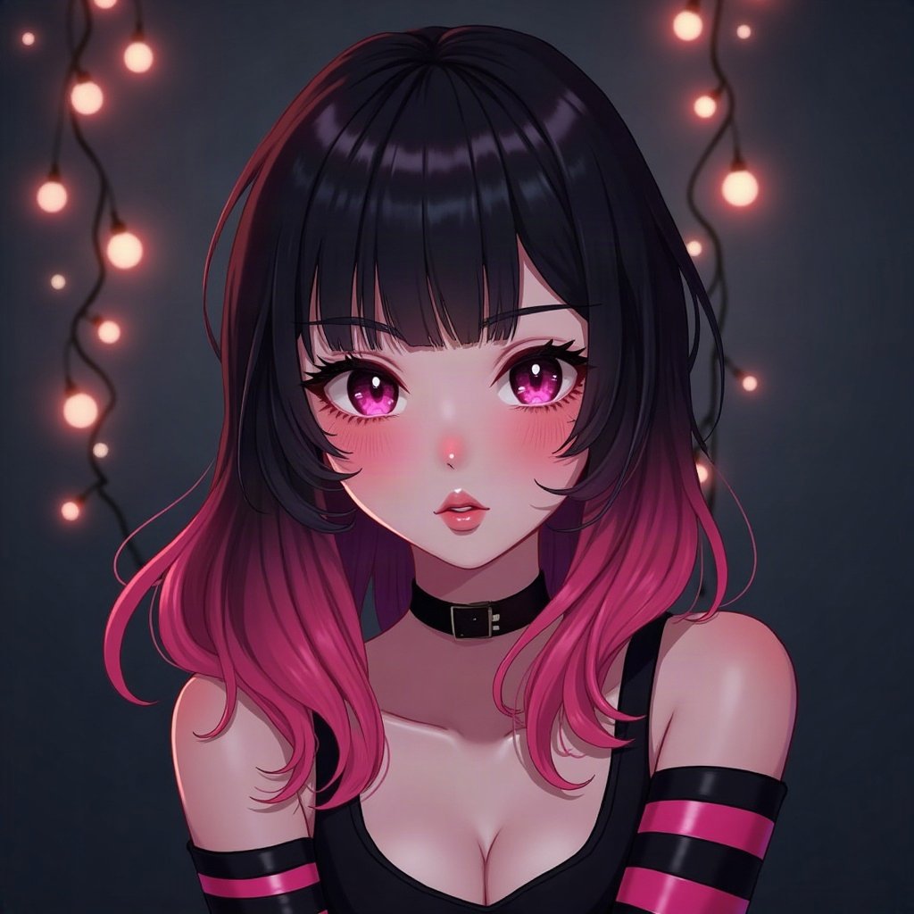 egirl pfp — half black half pink split-dye hair, striped arm warmers visible, dark room with fairy lights bokeh