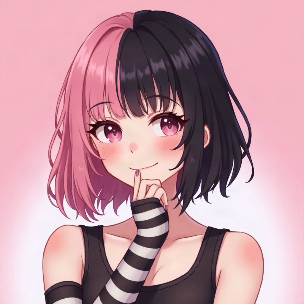 egirl pfp — half black half pink split-dye hair, striped arm warmers visible, soft pink glow background