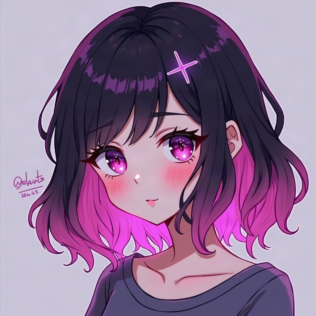 egirl pfp — half black half pink split-dye hair, tiny cross hair clips, purple led glow