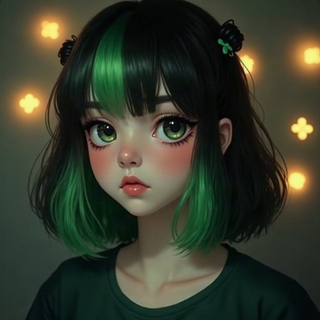 egirl pfp — green and black split-dye, tiny cross hair clips, dark room with fairy lights bokeh