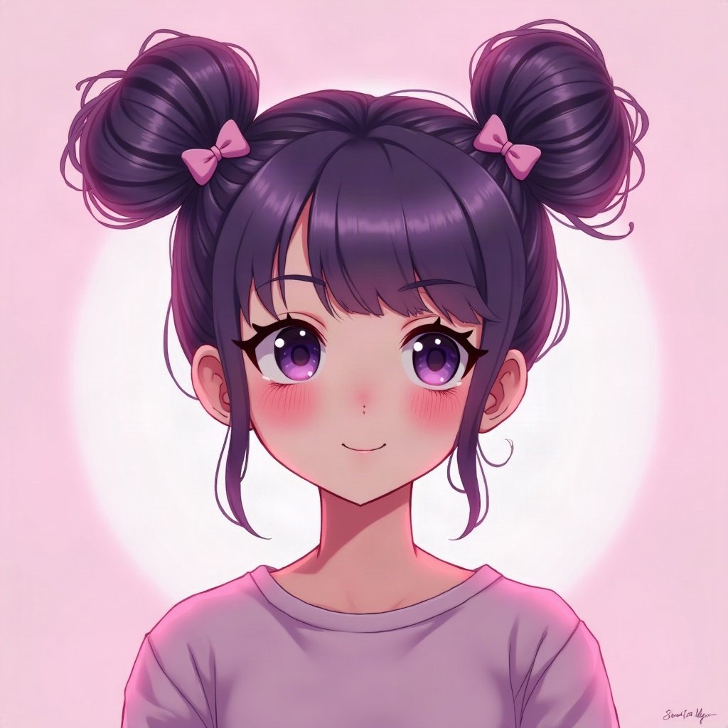 egirl pfp — purple twin buns, tiny cross hair clips, soft pink glow background