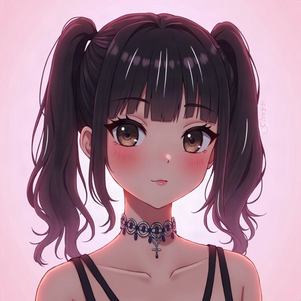egirl pfp — black pigtails with white streaks, chain choker necklace, soft pink glow background