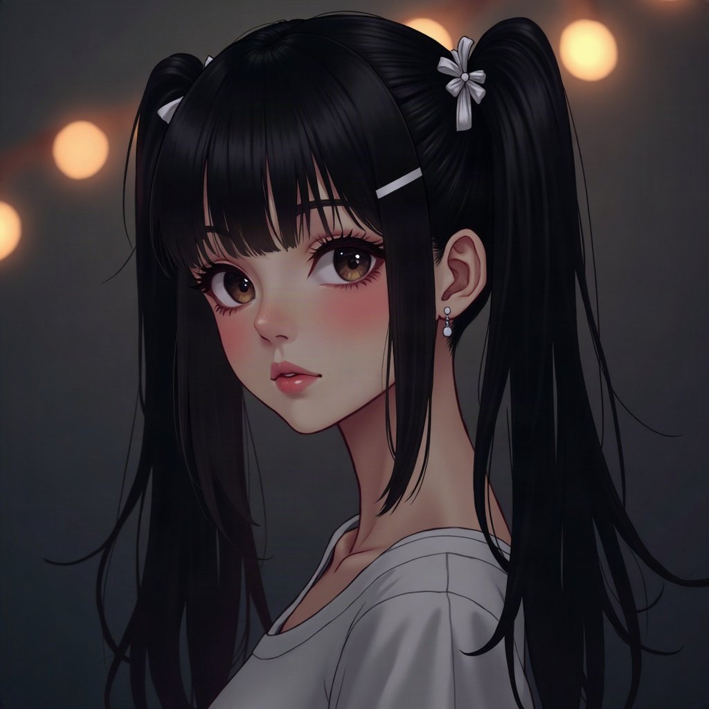 egirl pfp — black pigtails with white streaks, tiny cross hair clips, dark room with fairy lights bokeh