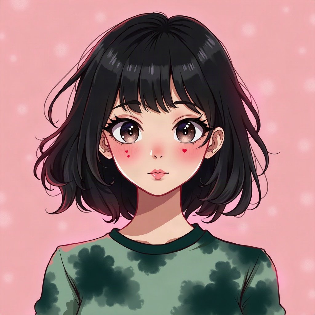 egirl pfp — green and black split-dye, small heart stamps under eyes, soft pink glow background