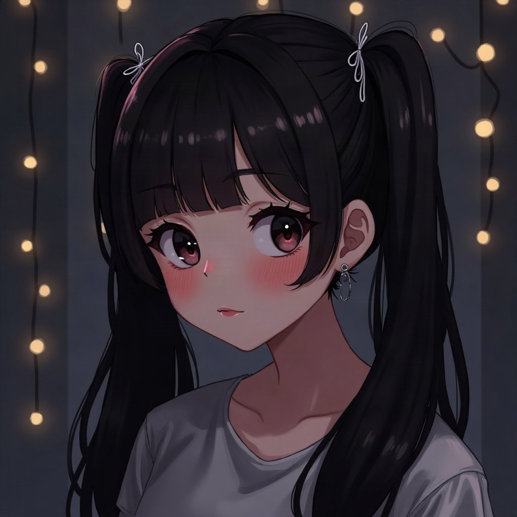 egirl pfp — black pigtails with white streaks, tiny cross hair clips, dark room with fairy lights bokeh