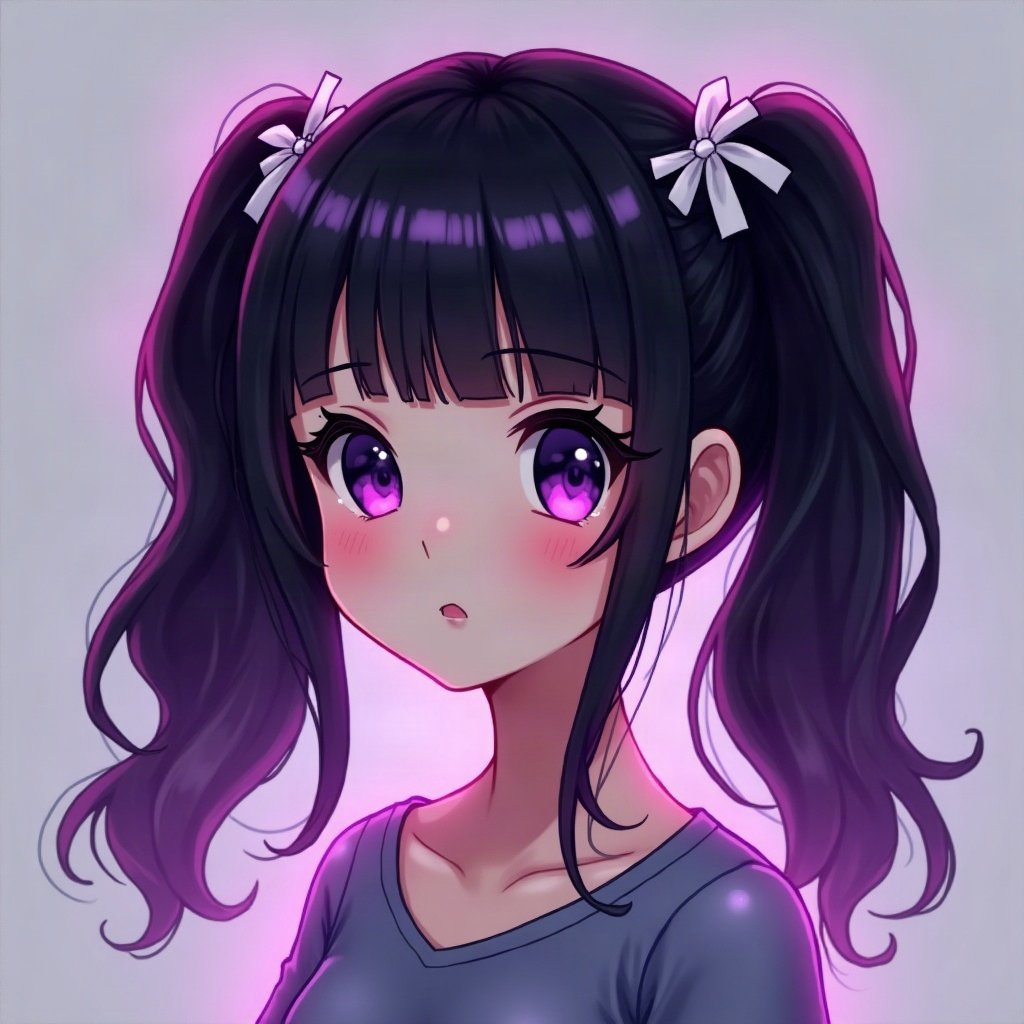 egirl pfp — black pigtails with white streaks, tiny cross hair clips, purple led glow